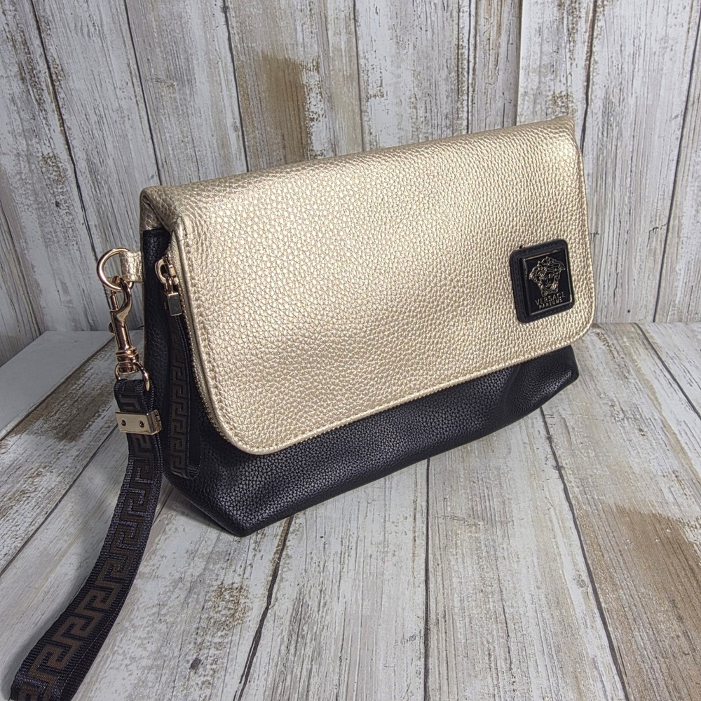 Versace Parfums Black Gold Pebbled Faux Leather Medusa Foldover Clutch Bag